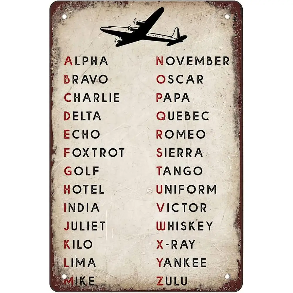 Vintage Aviation Pilot Code Chart Metal Aluminum Sign- Bravo Charlie Aviation Letters with Aircraft NATO Phonetic Symbols