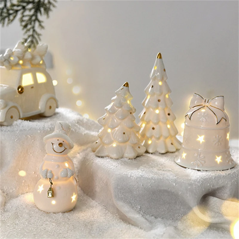 White Ceramic Cartoon Christmas Snowman Car Bell Christmas Tree Desktop Home Decoration Gift Small Scene Layout Props