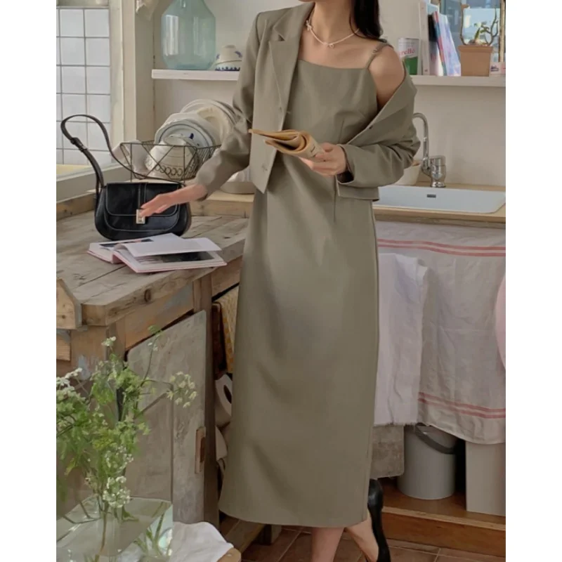 أطقم فساتين نسائية من REALEFT مكونة من قطعتين سترة قصيرة واحدة الصدر وفضفاضة بدون حمالات فستان بدون أكمام يناسب الإناث