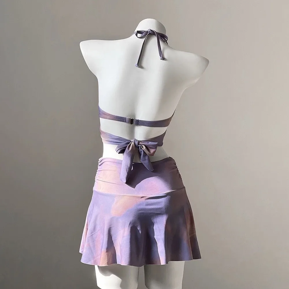 Tie-dye 3 in 1 Swimwear Set Purple Sun Protection Long Sleeve Swimsuit Beachwear camisole Bikini Bathing Suit Swimming Pool