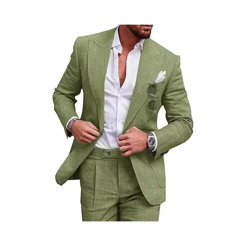 

Модный однотонный мужской льняной повседневный костюм, топ + брюки, свадебный наряд жениха, пляжный отдых, деловая одежда для двоих