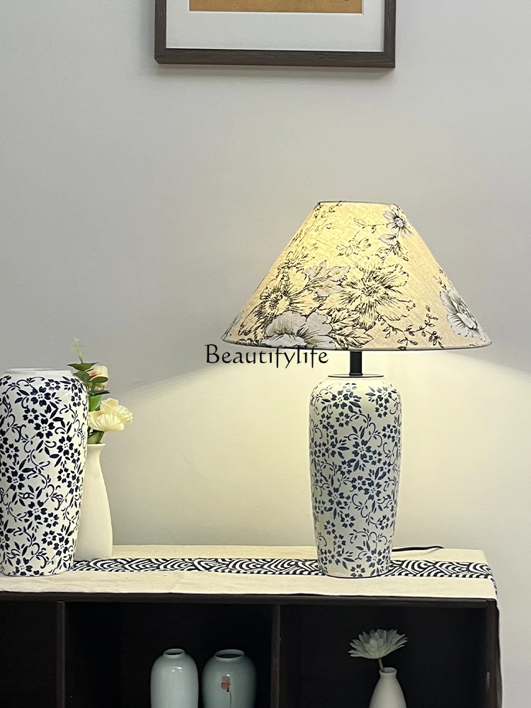 Blue and White Porcelain Living Room Study Bedroom Bedside Modern New Chinese Remote Control Dimming Ceramic Ornaments Luminous