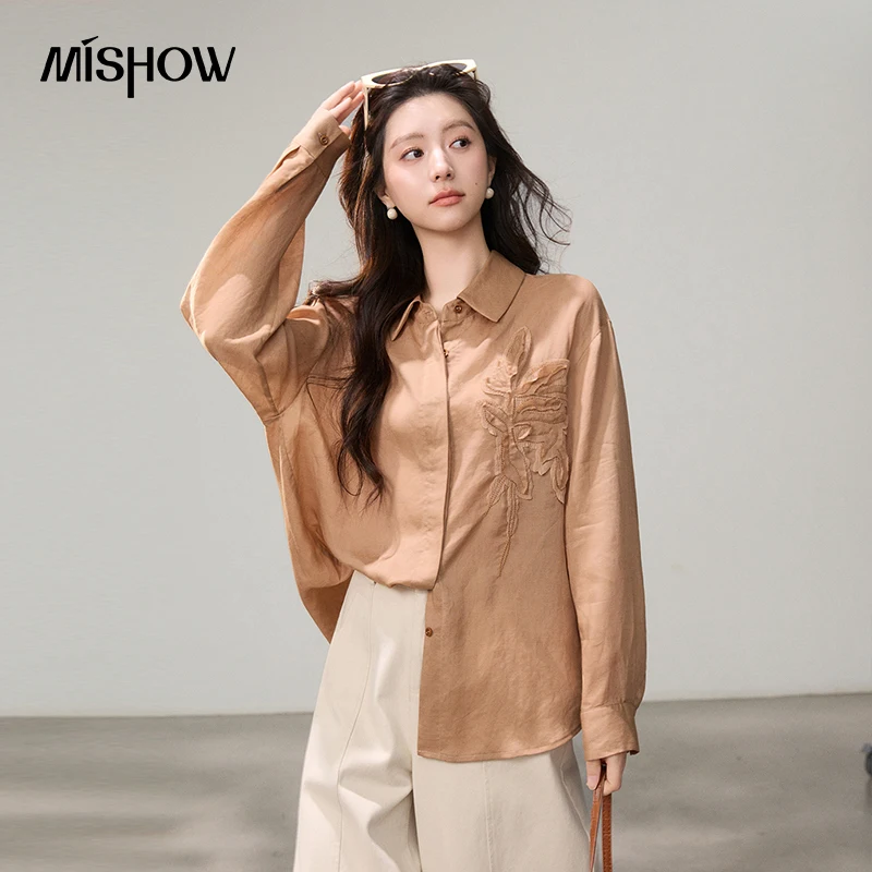 

Женская винтажная оранжевая рубашка MISHOW, весна 2026, эстетичный дизайн, вышивка, свободные рукава, блузка с отложным воротником, свободный крой, топ MXF16C2457