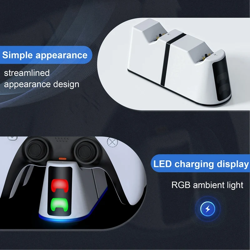 شاحن وحدة تحكم مزدوجة RGB Led لجهاز PS5/Slim Wireless Dualsense Controller Joystick Gamepad جهاز شحن