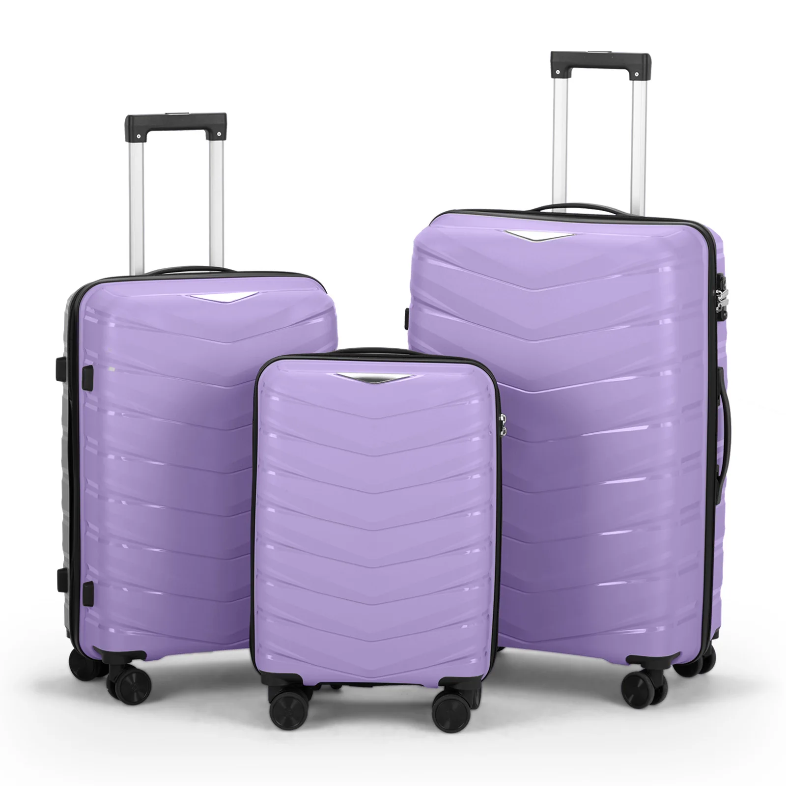 V-shaped stripes 3-in-1 PP trolley case 20in 24in 28in PP iron trolley fashionable color - taro purple (grain pattern)