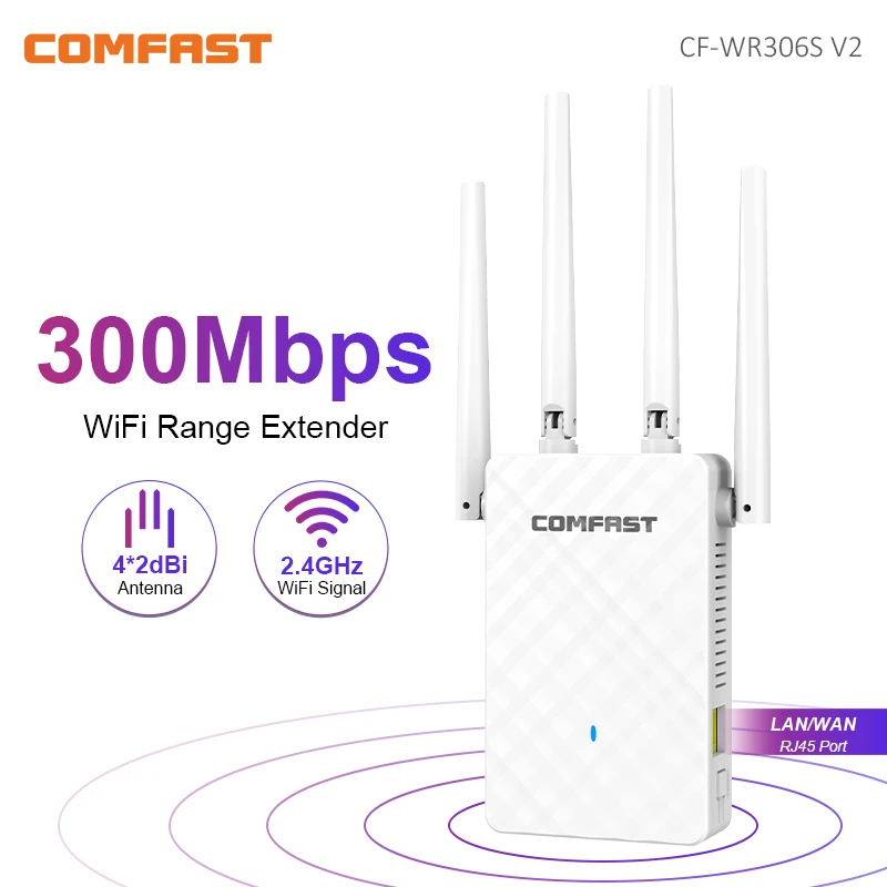 COMFAST 300Mbps WiFi Repeater Signal Booster 2.4GHz Wireless Internet Amplifier Long Range Extender with 4 Antennas for Home Off