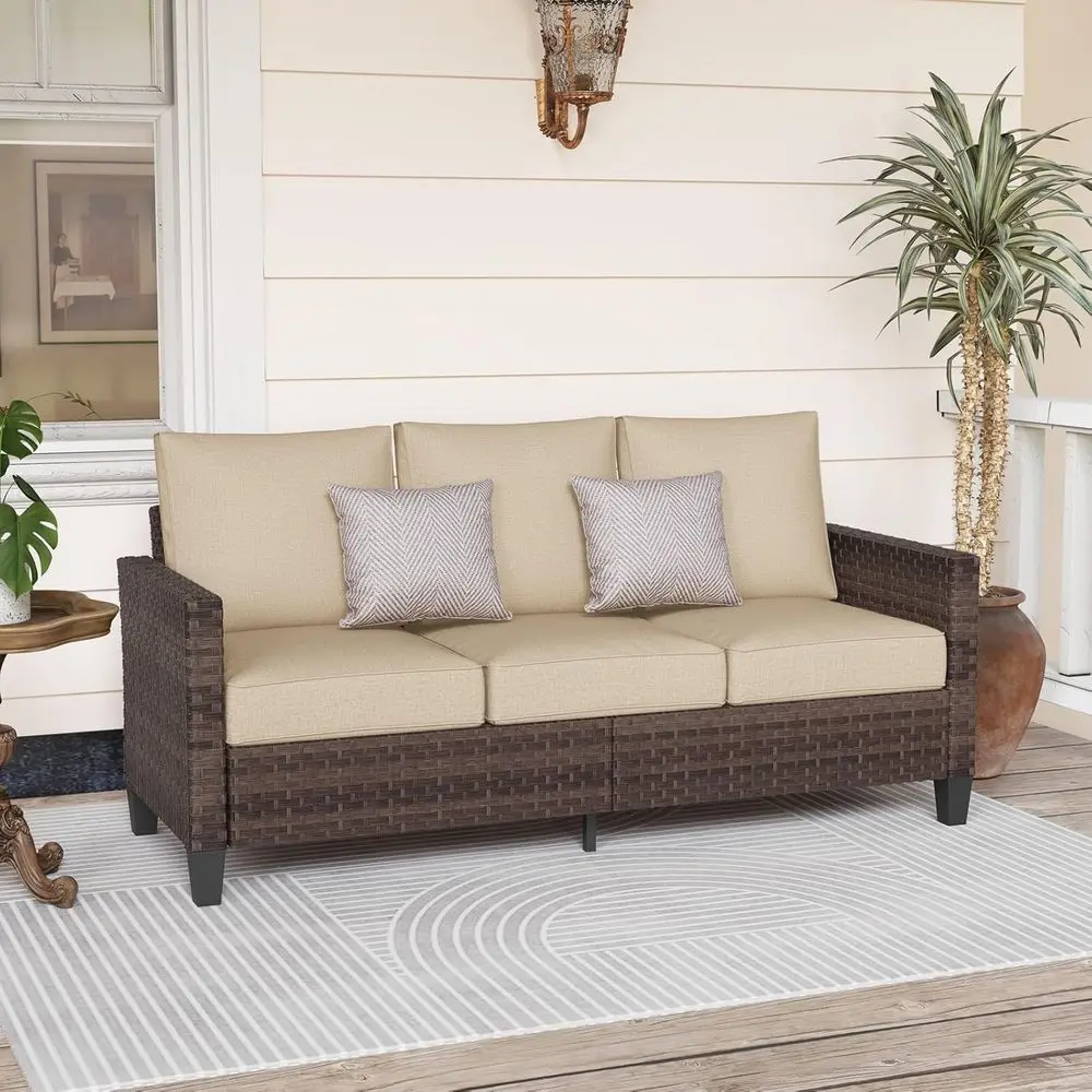 

Outdoor Patio Couch Soa, All Weather Wicker 3 Seater Couch, Outdoor Seating Patio urniture Soa with Beige Olein Cushion or Balco