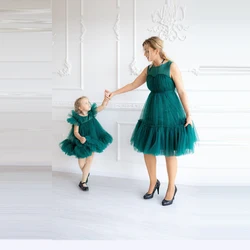 Elegant Jade Green Mother And Daughter Tulle Dresses Short Length For Birthday Party or Photo Shoot Mom And Me Evening Dress