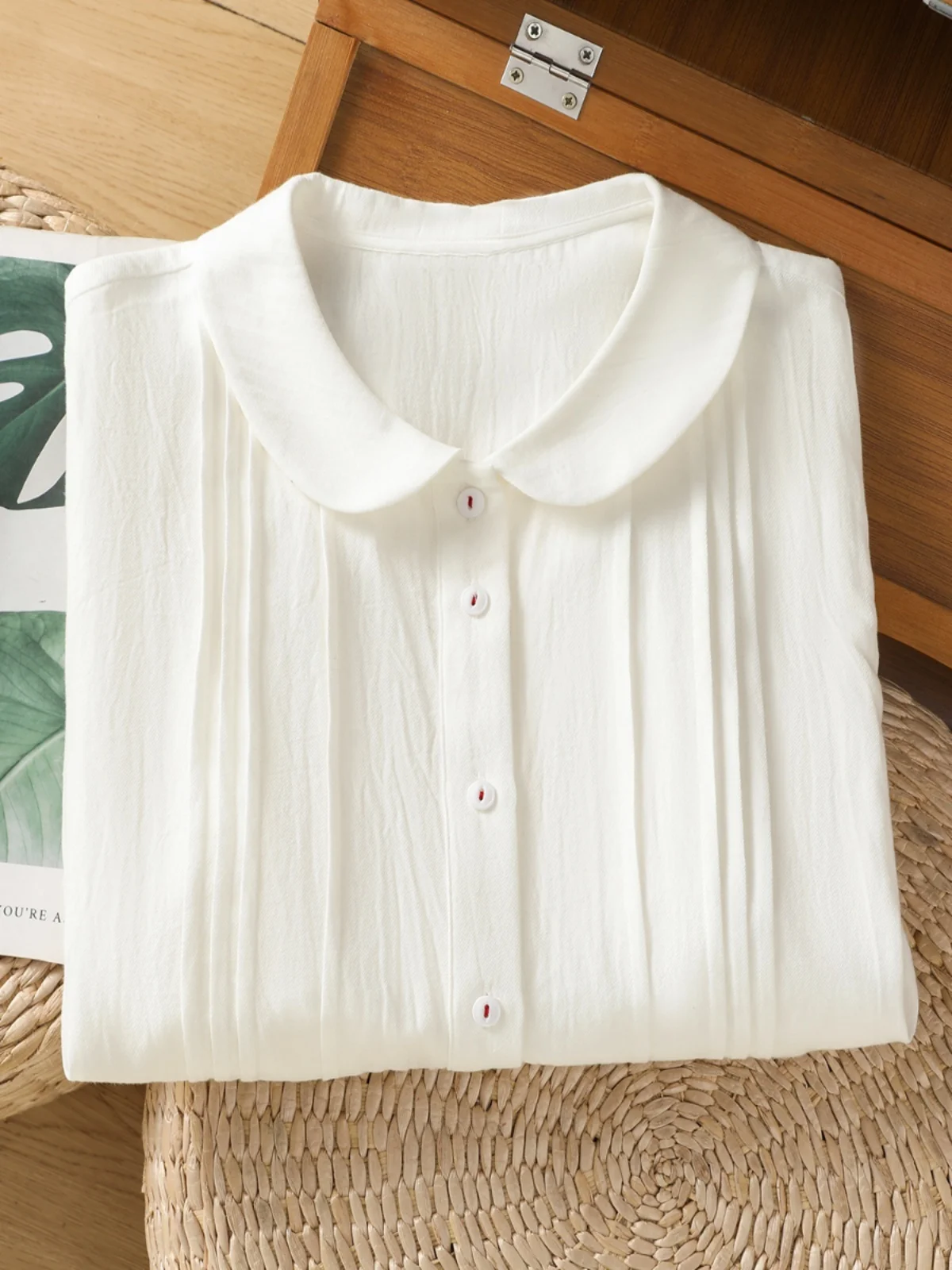 

Ele Pure Cotton Long Sve White irt Женский топ с кукольным воротником Свободный крой на пуговицах и груша