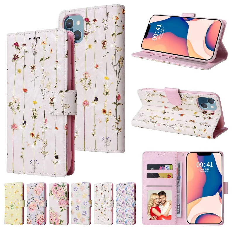 

High Quality Leather Printing Flowers Magnetic Flip Phone Cover For iPhone 15 14 Plus 13 12 Mini 11 Pro XR X XS Max 7 8 Plus