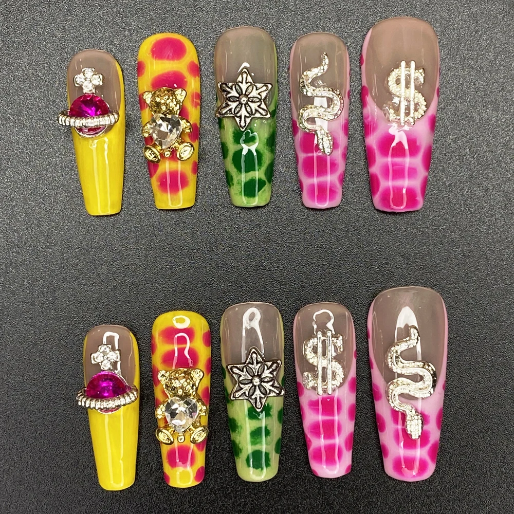 32mm Hand Paint Y2K French False Nails Art 10PCS Multicolor Exclusive Design Covered Decoration UV Gel Handmade Press On Nails