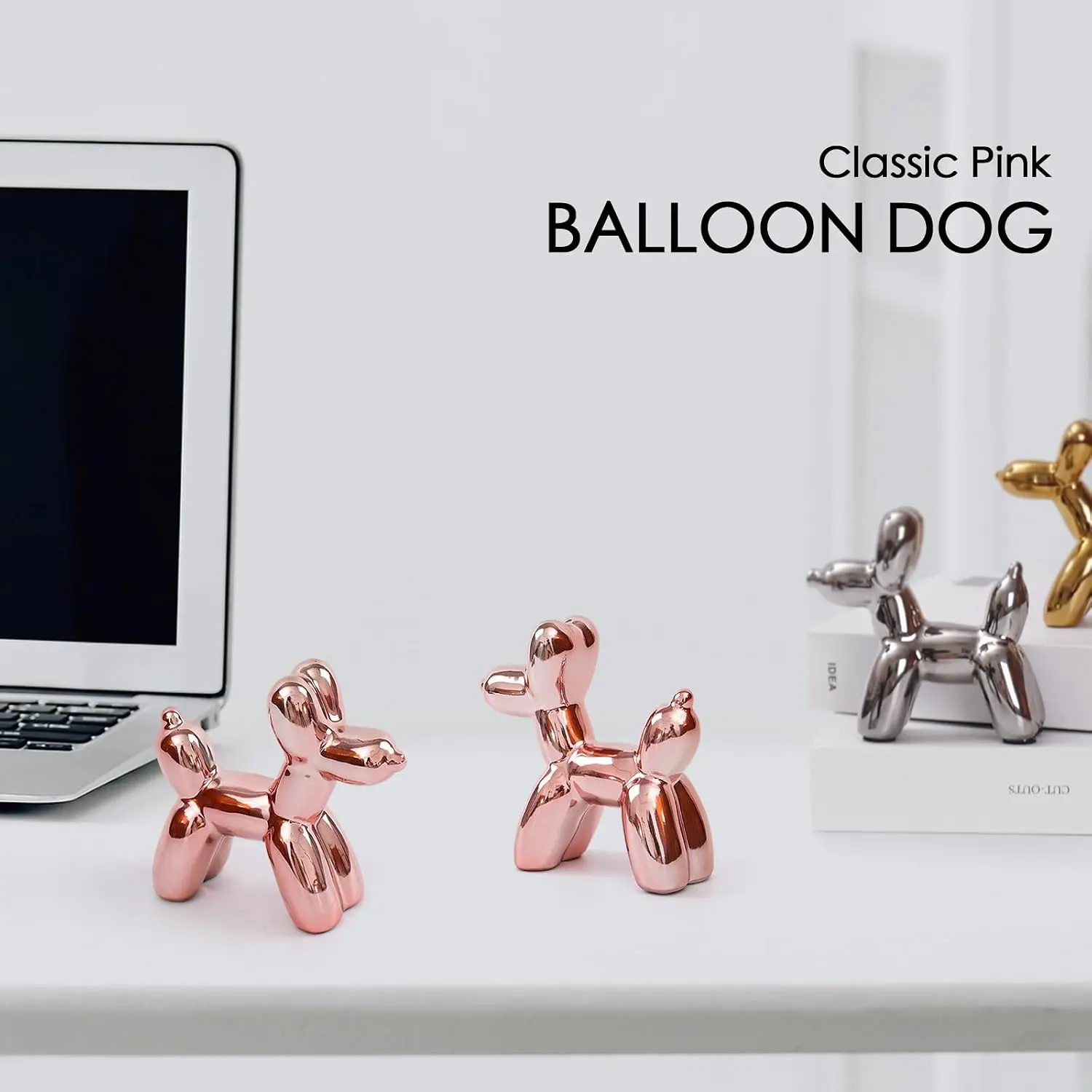 Cute Ceramics Pink Balloon Dog Statue Crafts Living Room Desktop Decorations,Handmade Modern Small Ceramic Animal Statue Ornamen