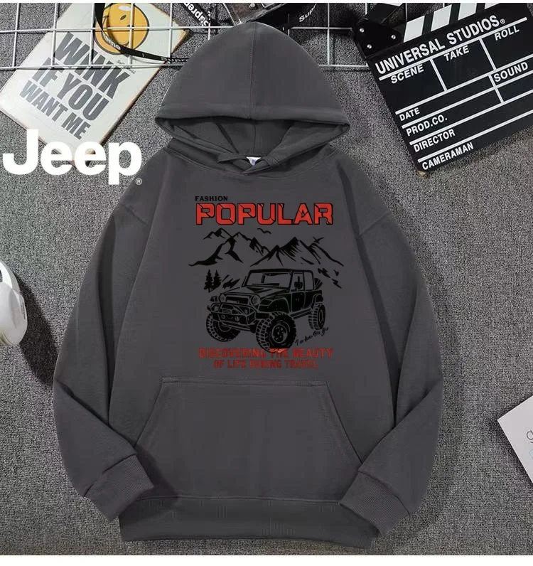 Men JEEP Vintage Outdoor Vehicle Print Hoodie Loose Fit Mountain Travel Long Sleeve Pullover Casual Sweatshirt