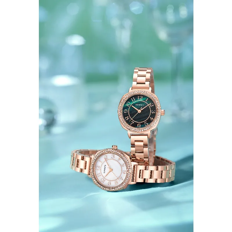 SUNMATE Luxury Ladies' Diamond Watch, Stylish Waterproof Stainless Steel Strap, Analog Arabic Numeral Design, Watch Box Included