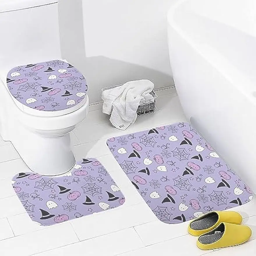 Pink Purple Ghost Bath Mat Set 3 Piece Boo Halloween Soft Bathroom Rugs Bath Mat Contour Rug and Toilet Lid Cover Sets