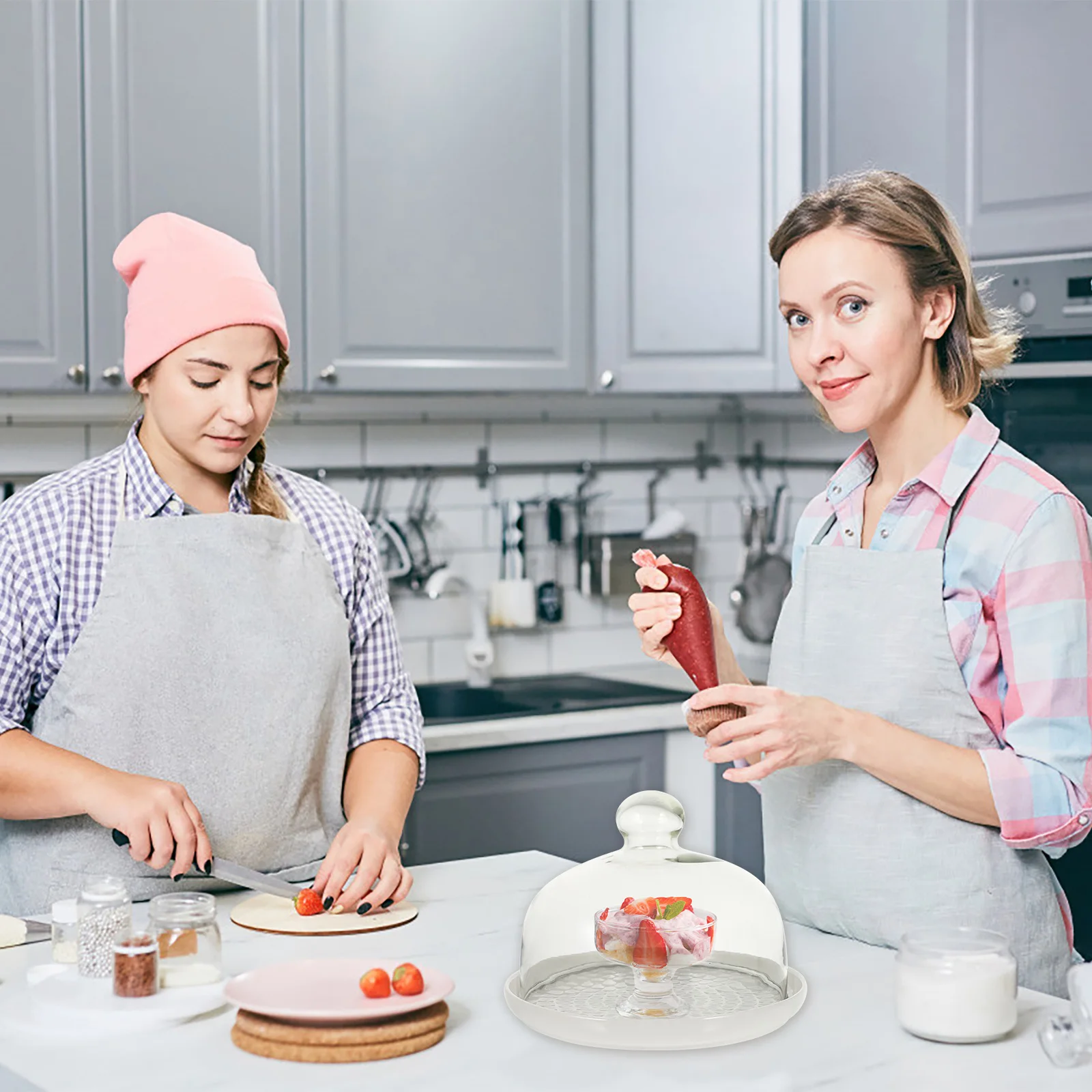 

1Set Ceramic Food Tray with Glass Transparent Cover Cake Display Dome Food Protection Tray for Desserts Kitchen Party