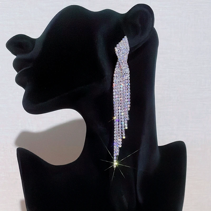 Pendientes de gota geométricos con borla larga para mujer, aretes colgantes de cristal con diamantes de imitación brillantes, joyería para fiesta de boda