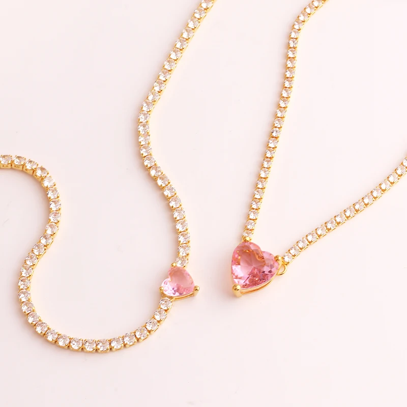 Pink CZ Shiny Tennis Chain Necklace HipHop Iced Out Bling Heart Cubic Zircon Choker Jewelry 18K Gold Plated For Women Gifts