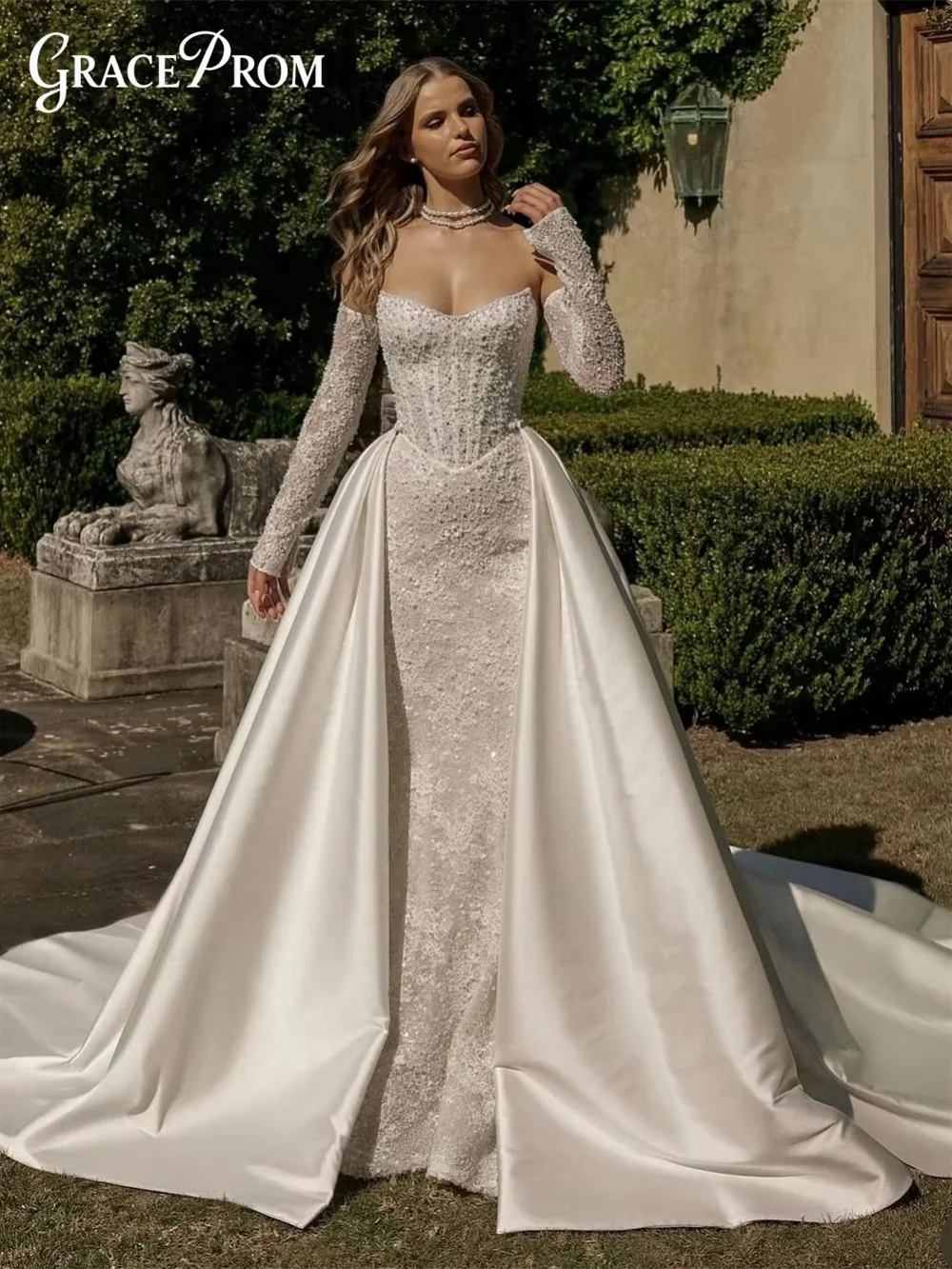

Opulent White Off Shoulder Wedding Dress Timeless Detachable Satin Overskirt Long Sleeve Bridal Gown Customized Vestido De Novia