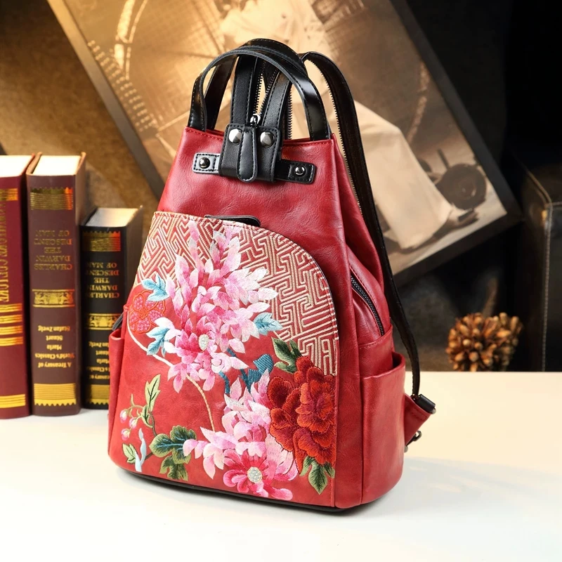 Ethnic Style Fashionable Genuine Leather Double-shoulder Single-shoulder Handbag Multi-functional Embroidered Floral Backpack