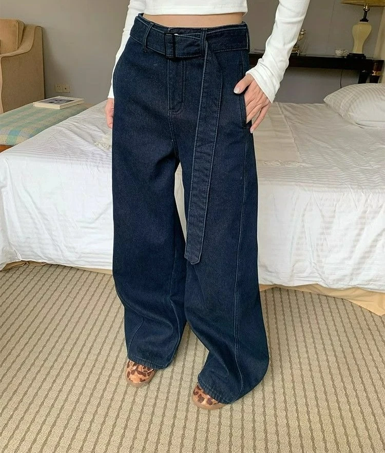 Dunkelblaue Gürteljeans für Damen, 2025, Frühling, Vintage-Design, lockere, gerade Hose mit weitem Bein