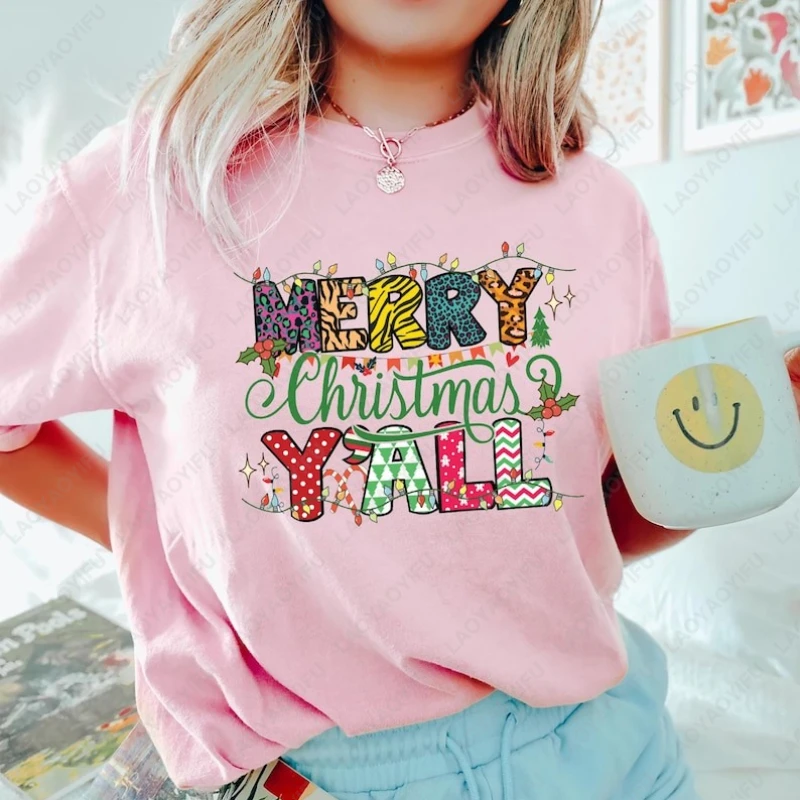 Merry Christmas Yall Cute Family Matching Tshirt Xmas Decorative Lights Creative Graphic Camisetas Vintage Men Women Cotton Tees
