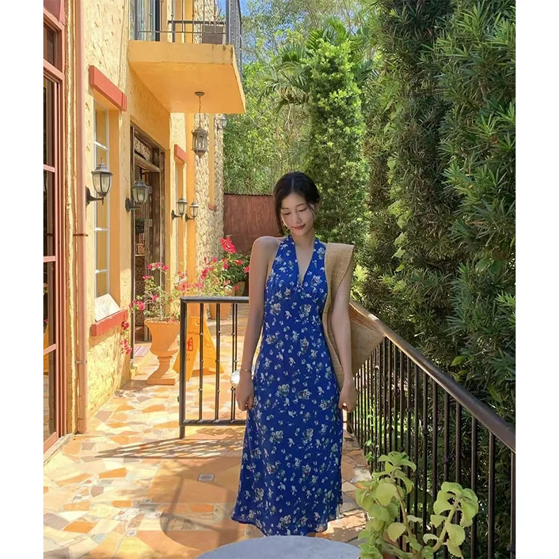 Vintage Floral Midi Dress Women Boho Vacation Beach Sexy Backless Bandage Dresses Summer Elegant Korean V Neck Bodycon Vestidos