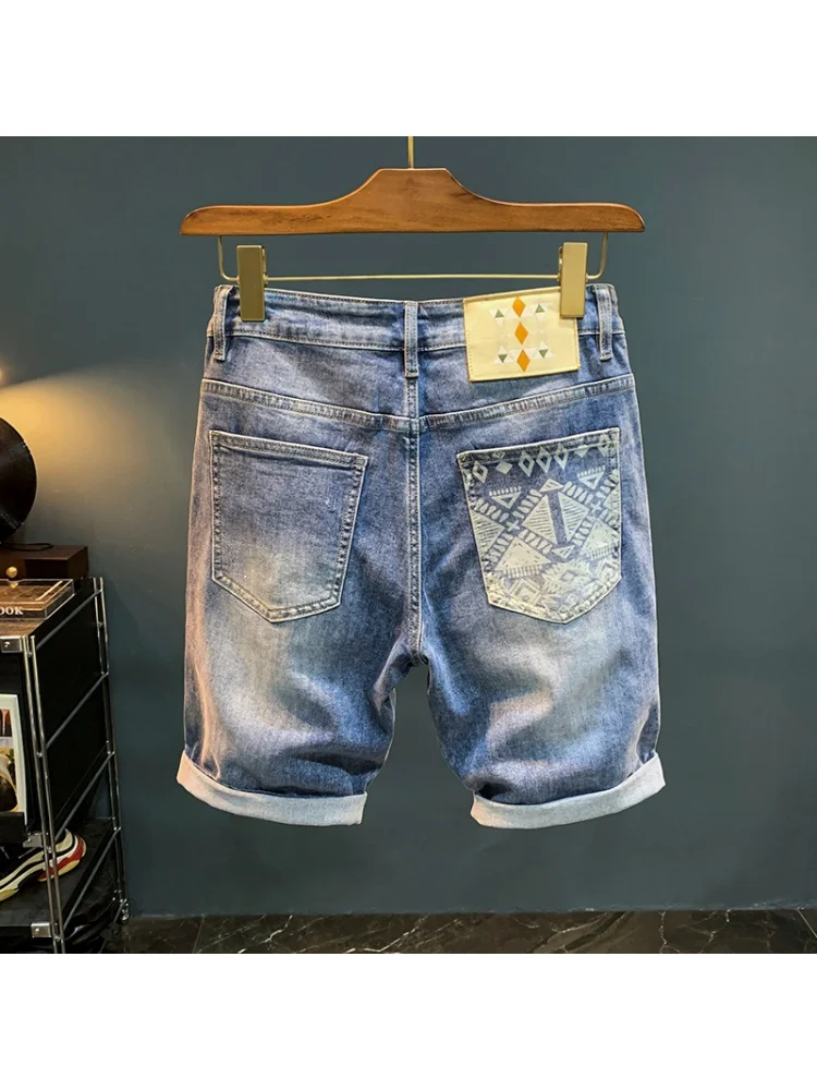 High-End Men's Summer Shorts Men's Fashion Printing Straight-Leg Denim Fifth Pants2024New Stretch Capri Pants