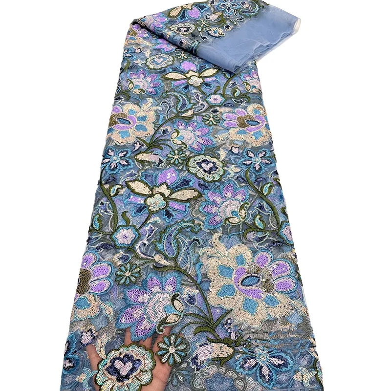 

5yard Luxury Blue Tulle Fabric Full Wide Dense Sequin Floral Embroidery Shiny Fabric for Wedding Dress Evening Gown Party Dress