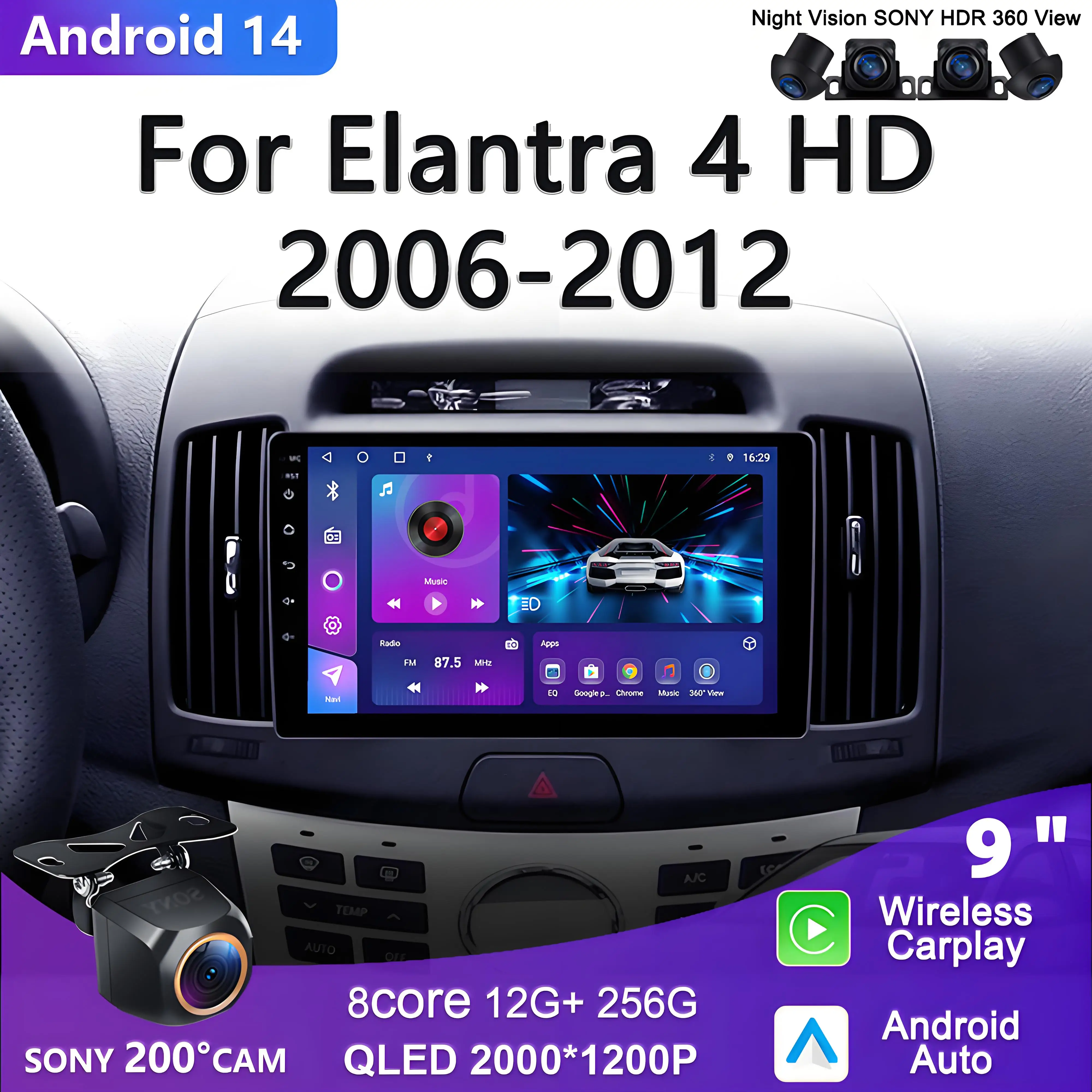2K Incell Screen Android 16 For Hyundai Elantra 4 HD 2006 - 2012 Car Stereo Multimedia Radio Unit Player GPS  No 2din DVD HDR