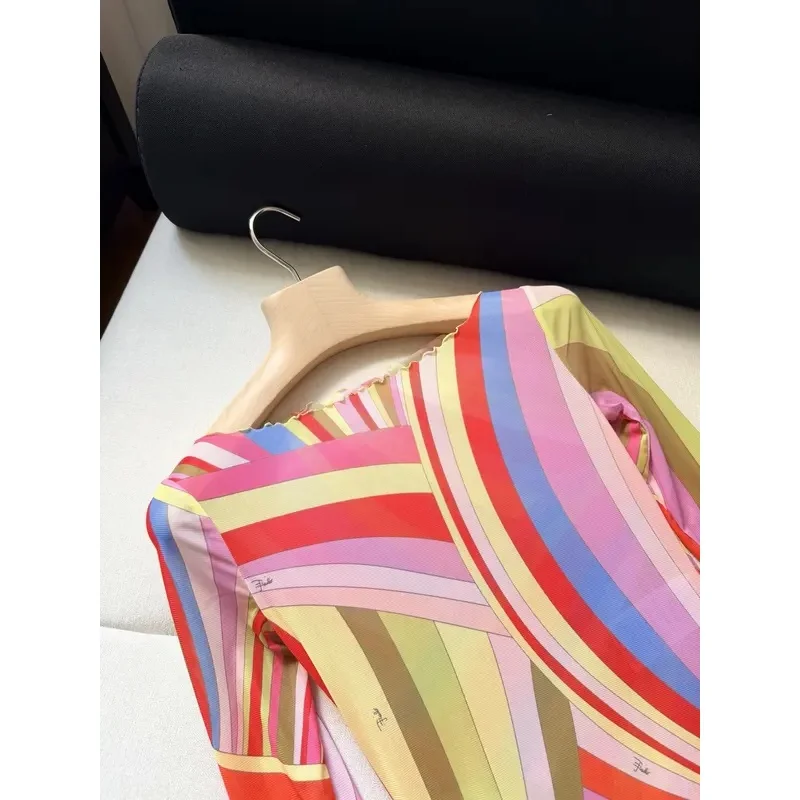 Women Rainbow chiffon semi-transparent swirl pattern surround long dress