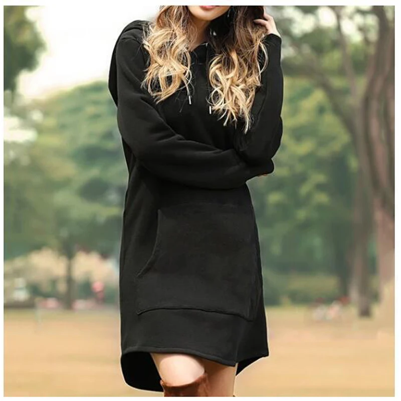 Hoodies Dress Women Autumn Solid Hooded Coat Casual Loose Pullover Sweatshirt Hoodie Dress