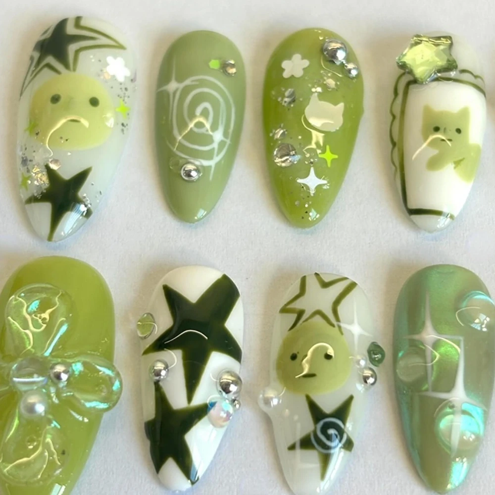 Press On Nails 2024 New Cute Pink INS Y2K Green Star 3D Medium Almond Handmade ABS Material Nail Art Salon Nails