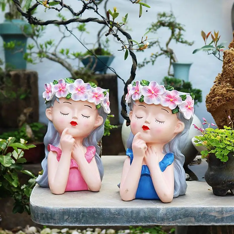 

Creative Face Succulent Plant Funny Face Statue Head Planter Resin Thinking Girl Flower Pot For indoor outdoor Desktop Decor