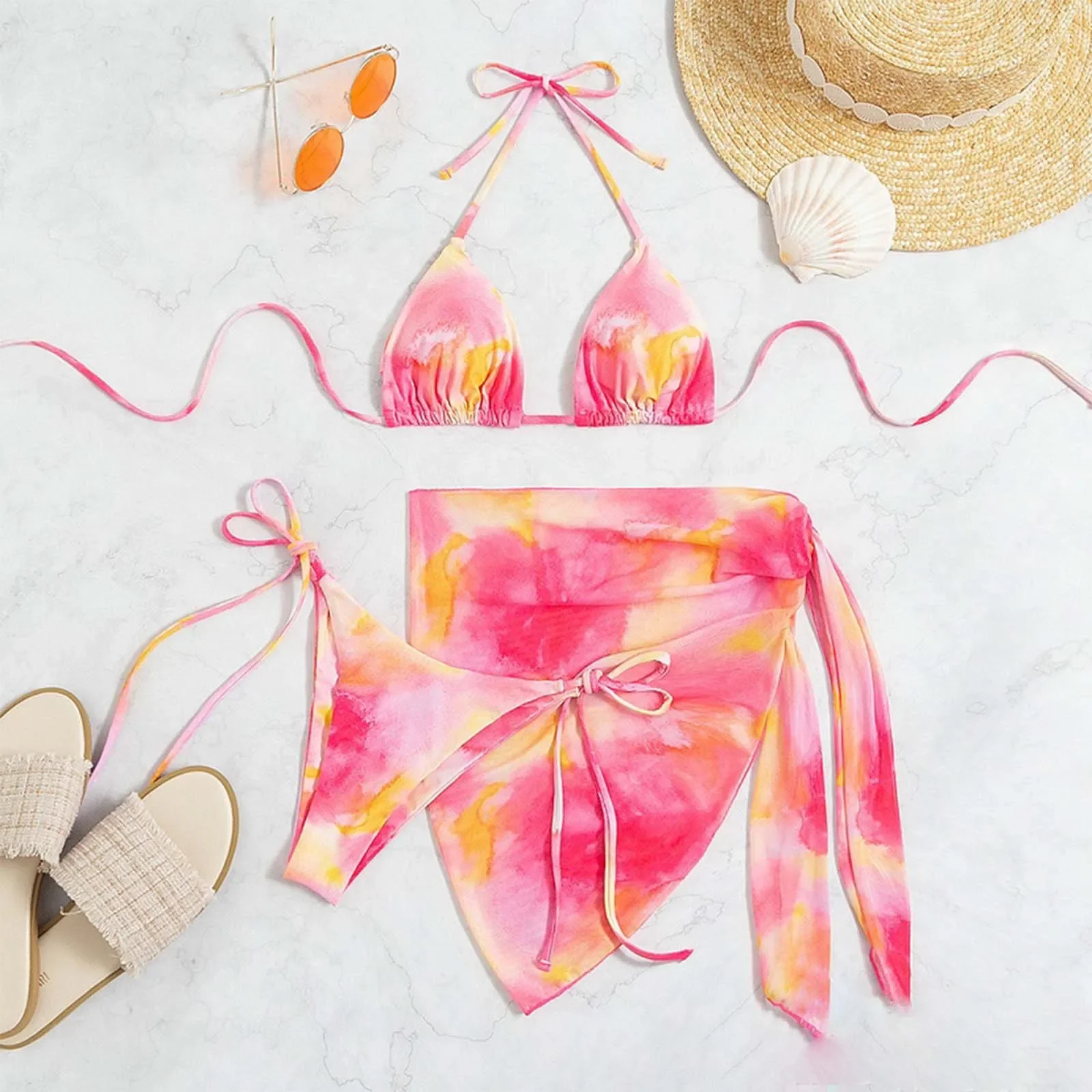 Damen-Bikini-Set mit Batikmuster, hängender Hals, rückenfrei, dünner Rock, Überwurf, Badebekleidung, sexy Schnür-Mikro-Badeanzug