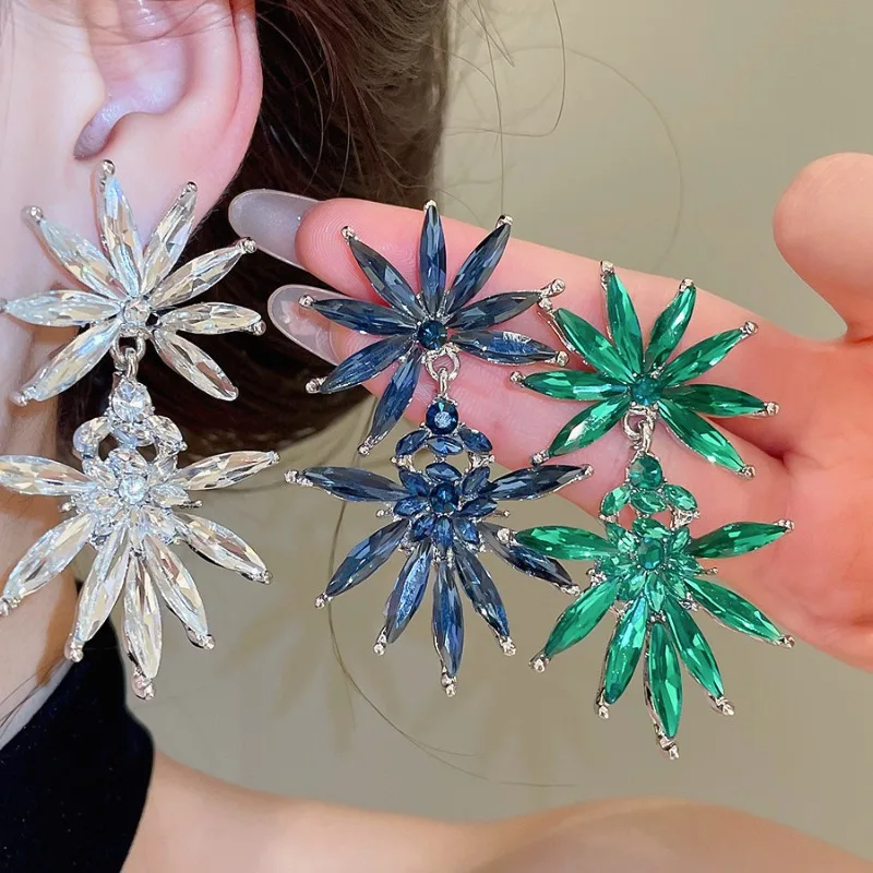 Minar Exaggerated White Green Blue Color Full Rhinestones Flower Petal Large Drop Earrings for Women Lady Party Holiday Jewelry