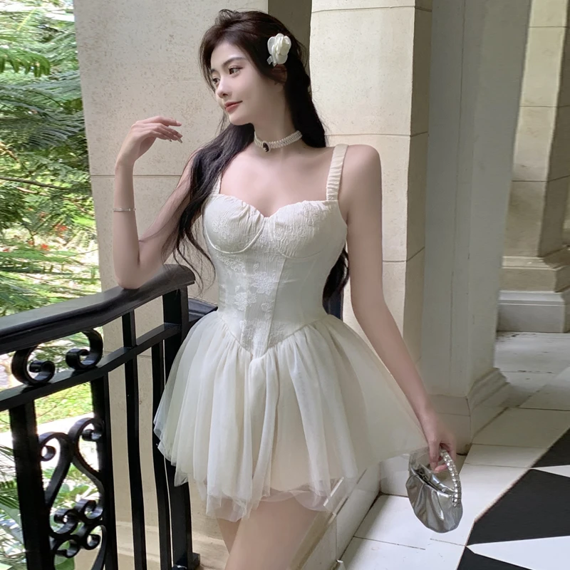 2023 Women Retro Slit V neck Corset Strap Dress Bright Chiffon Spliced Wood ears Ruffle Hem Cake Mini Party Dresses Robe