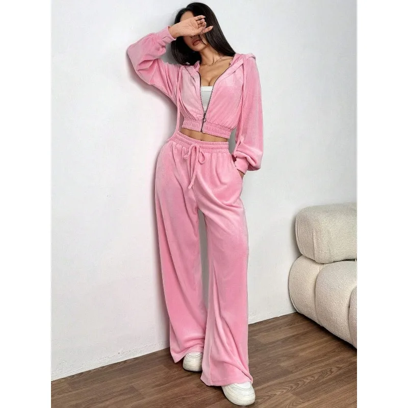 

Top Outerwear Wide-leg trousers Suit Women's Pink Hooded Elasticated Leisurely Minimalist Comfortable Niche Versatile Luxurious