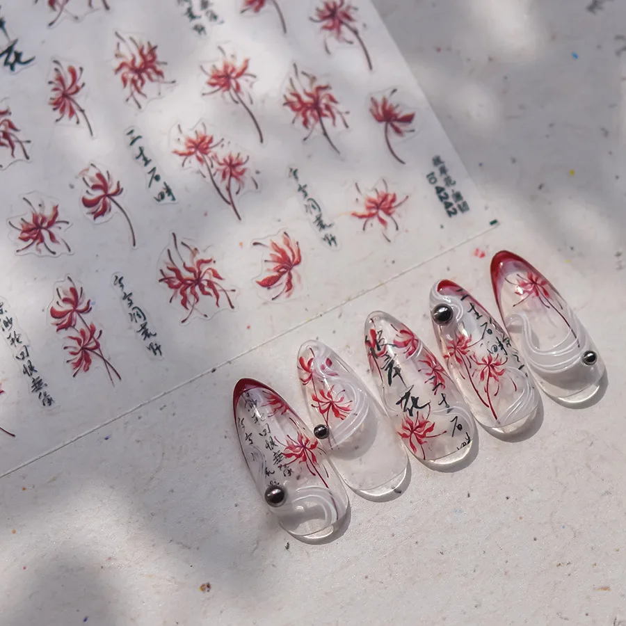 1Pcs 5D Chinese Higan Bana Nail Stickers Soft Relief Red Spider Lily Flower Manicure Decals DIY Self-Adhesive Floral Nail Slider
