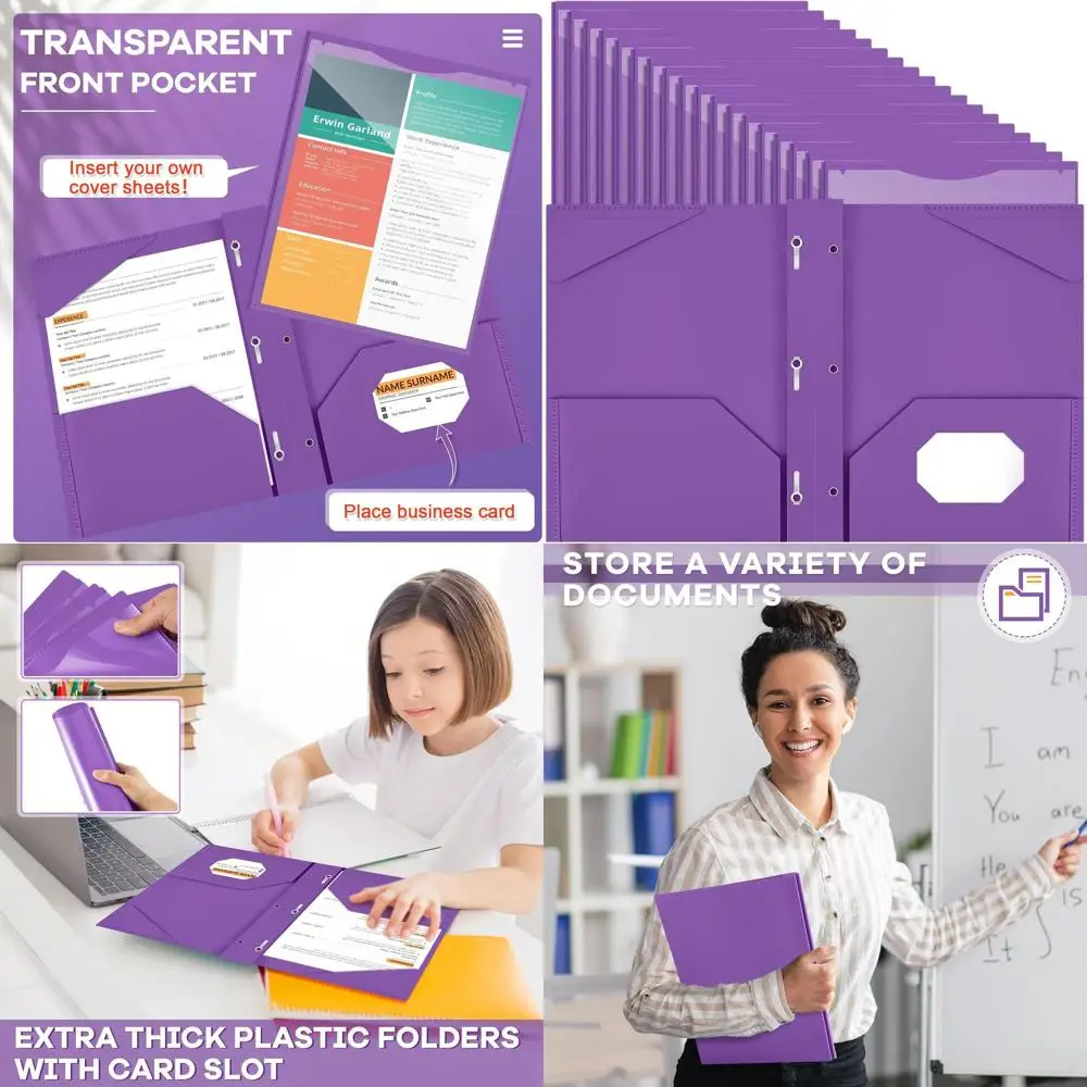 

Purple Plastic Folders with Clear Front Pocket and Card Slot, 72 Pack for School and Office Use