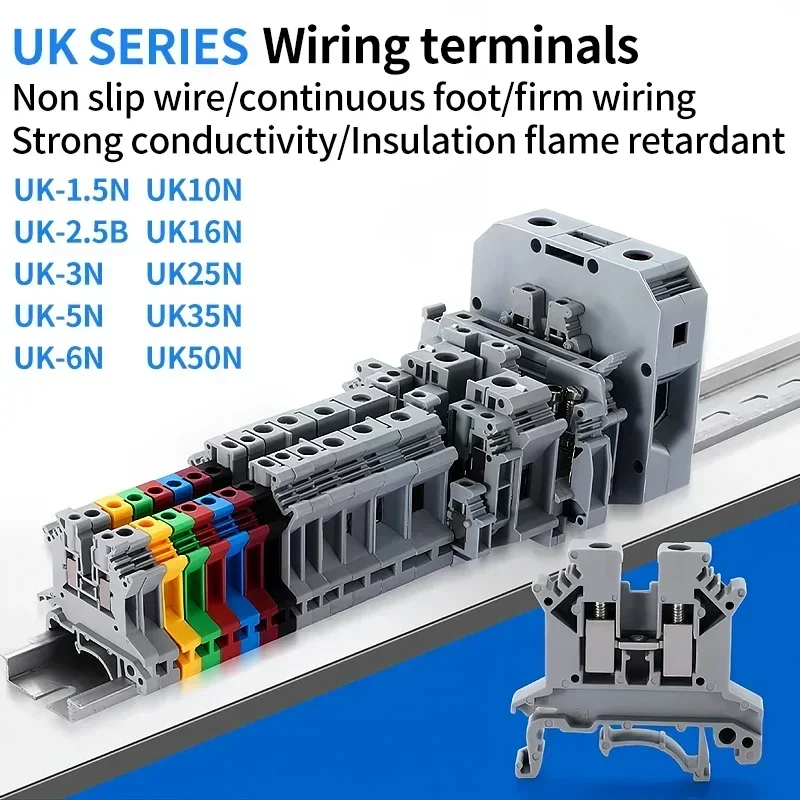 UK1.5N/2.5B/3N/5N/6N/10N/16N/25N/35N/50N Terminal Block Screw Clamp Connector DIN Rail Universal Brass Wiring Voltage Terminal