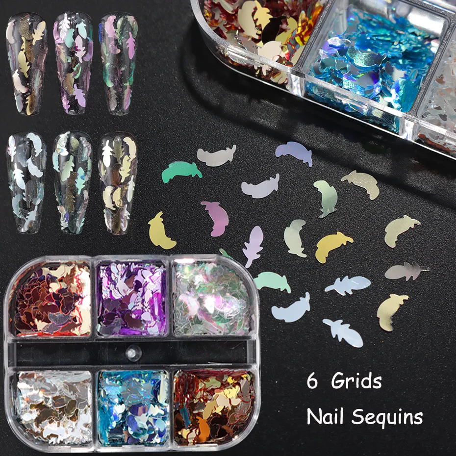 6 grilles scintillantes holographiques Champagne plume dorée paillettes paillettes Mini-forme de plumes mignonnes Paillette flocons pour la décoration des ongles