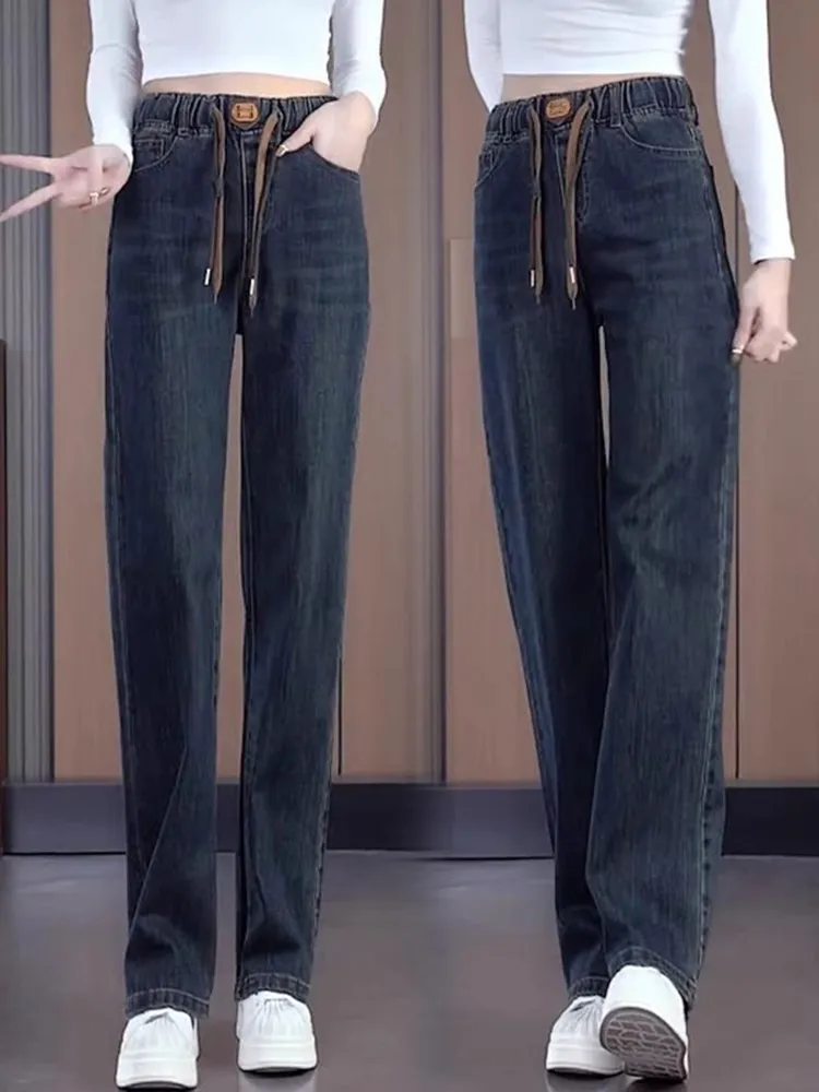 Damesjeans met elastische taille en wijde pijpen Afslankende herfst-winter Nieuwe Sle kleine maat elastische smalle versie broek met rechte pijpen