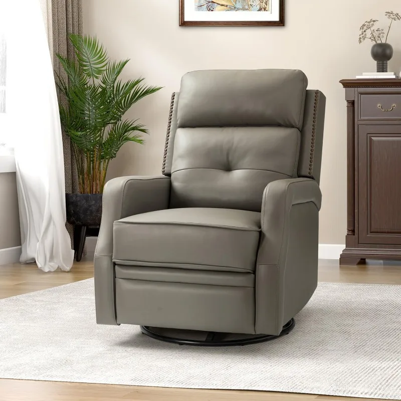 

Genuine Leather Swivel Rocker Recliner with Footrest & Adjustable Backrest, Manual Glider Reclining Chair for Living