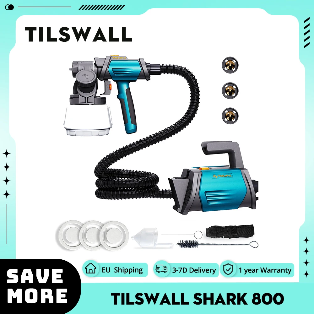 Tilswall Shark 800W Paint Sprayer with 2.5m/8.2FT Airhose 3 Nozzles Sizes, 3 Spray Patterns Max 1200ml/min Speed Flexible Design