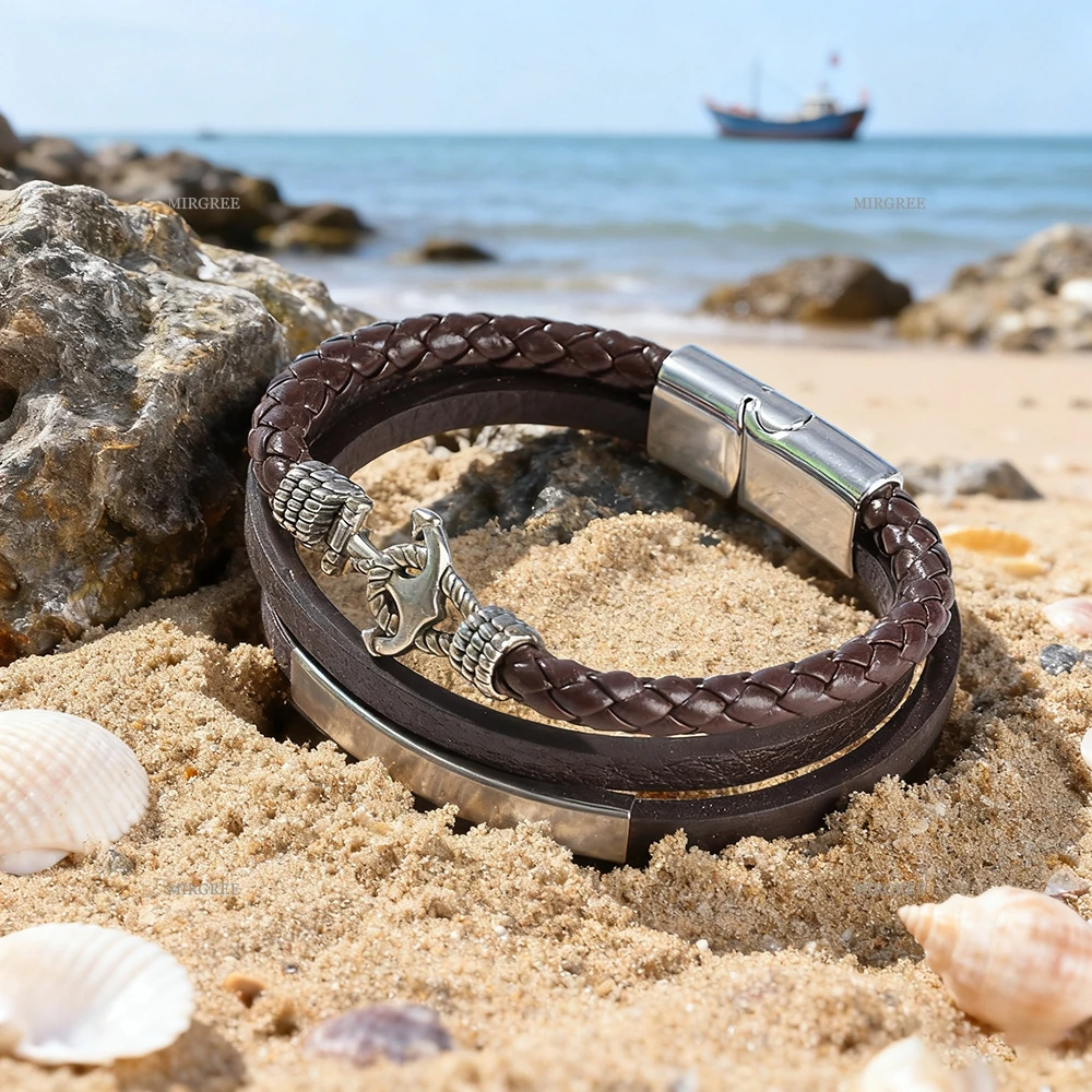 قطعة واحدة من سوار جلد البولي يوريثان المرساة على شكل قارب بني للرجال، الهدية المثالية للآباء والأصدقاء وعشاق المغامرة #4