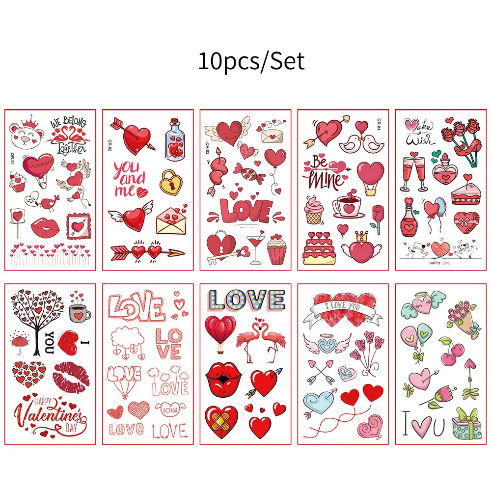 10 أوراق وشم مؤقت مقاوم للماء لعيد الحب ديكور الجسم على شكل قلب الحب قبلة وشم مزيف للنساء ملصقات الزفاف