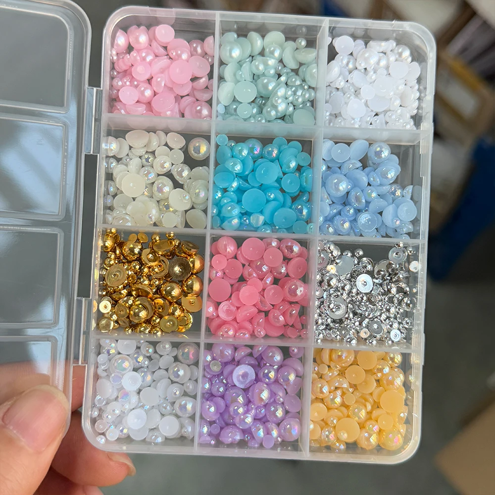 12 grades/caixa colorido bowknot pérola prego encantos 3d resina mista arco rosa/branco pérola coração estrela lua prego strass peças kawaii