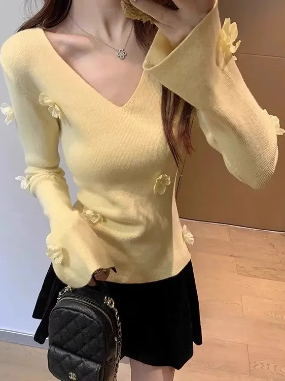 

Желтый топ Bell Sve с V-образным вырезом на талии, женский базовый слой irt, весенне-осенний вязаный облегающий свитер с цветочным принтом для поездок на работу