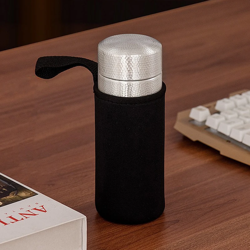 999 Sterling Silver Travel Bottle Portable Thermos with Filter Straight Water Cup Hammer Pattern for Health And Business Gifts
